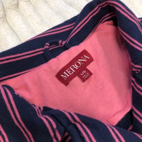 Merona EUC Navy & Pink Striped Double Breasted Knit Jacket w/Tie Belt Large - Picture 6 of 14
